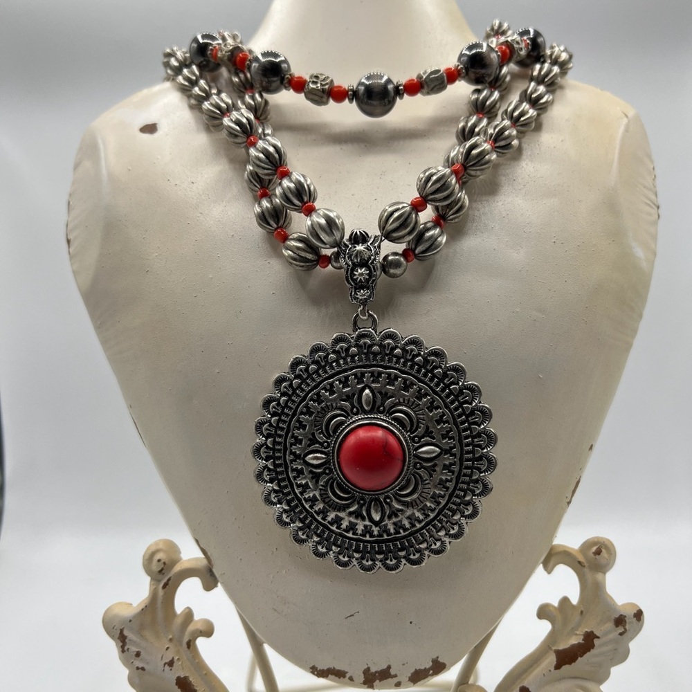Southwestern Medallion‎ Aztec Red Stone Necklace Concho Statement